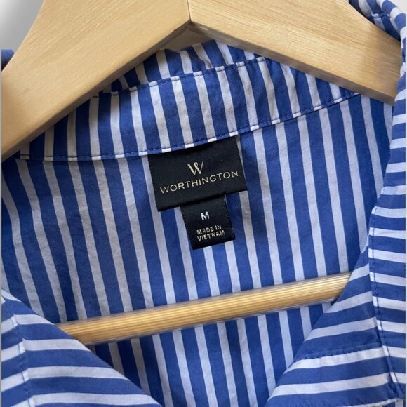 Blue Striped Worthington Button Up Bow Medium - Picture 3 of 5